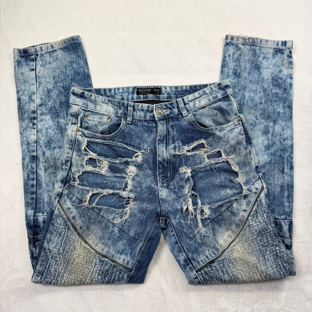Blue Seven Denim Lab Mens 36x34 Distressed Moto Acid Wash Straight Jeans Blue